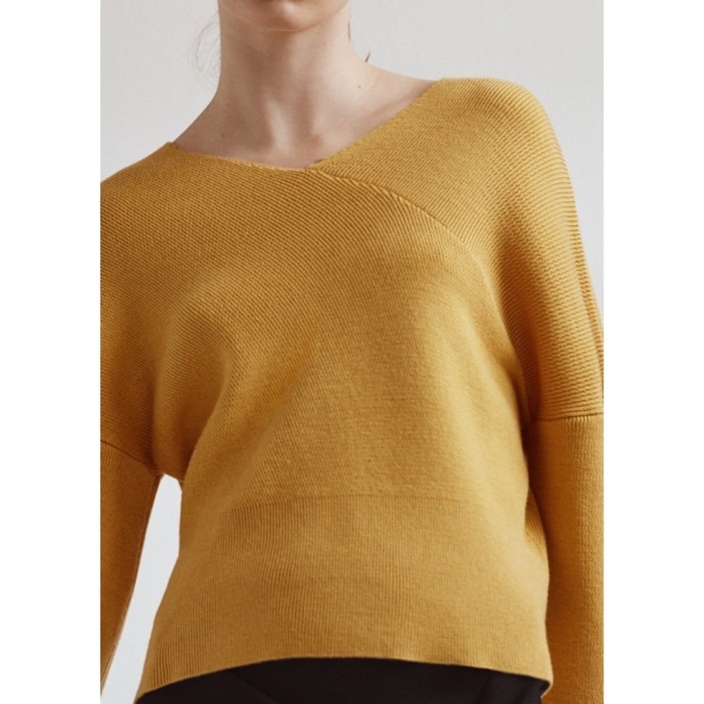 Mango Yellow V Neck Asymmetrical Sweater - Picture 4 of 7